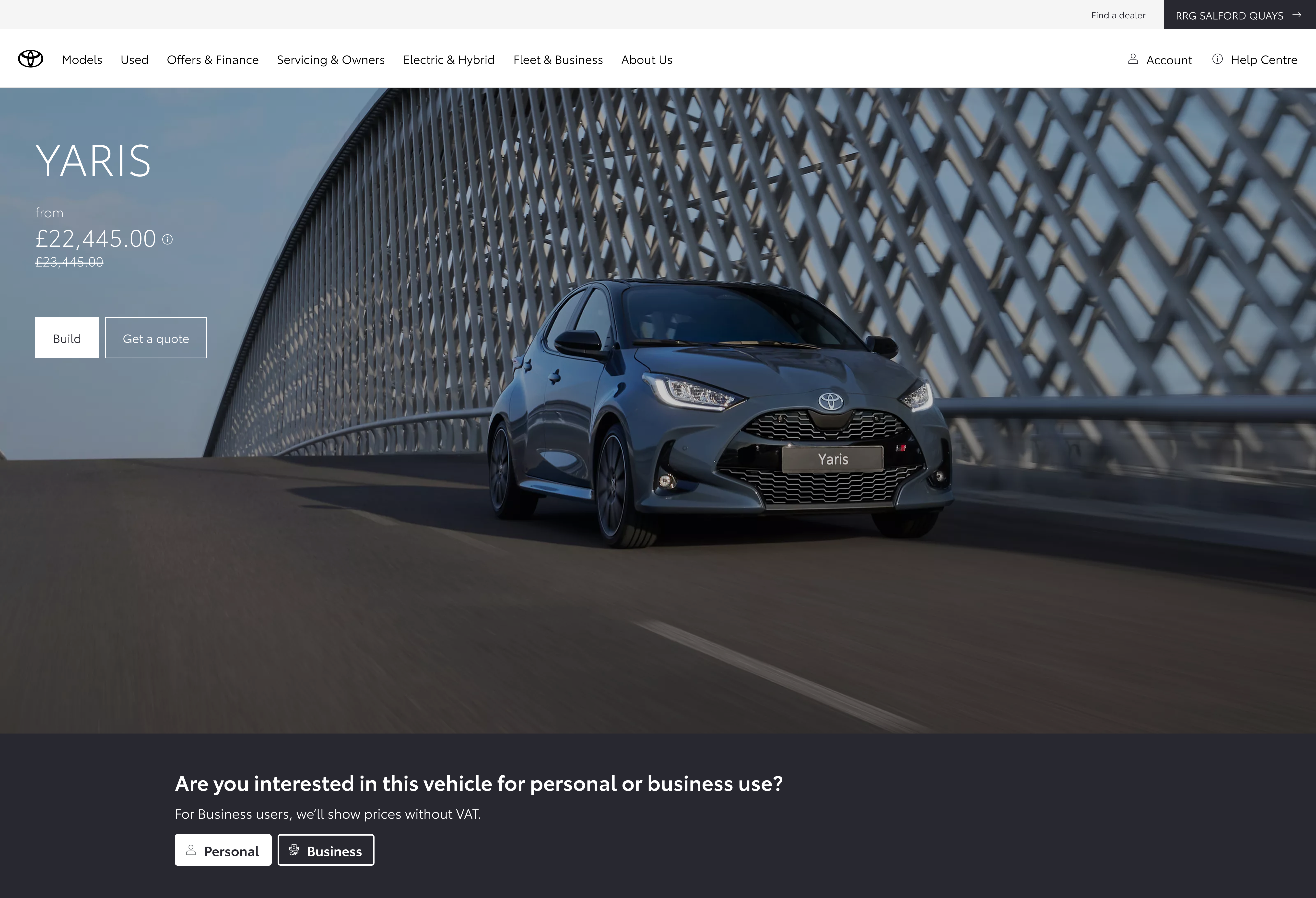Toyota model page mock: dark banner below the hero asking personal or business use, with explicit Personal and Business actions